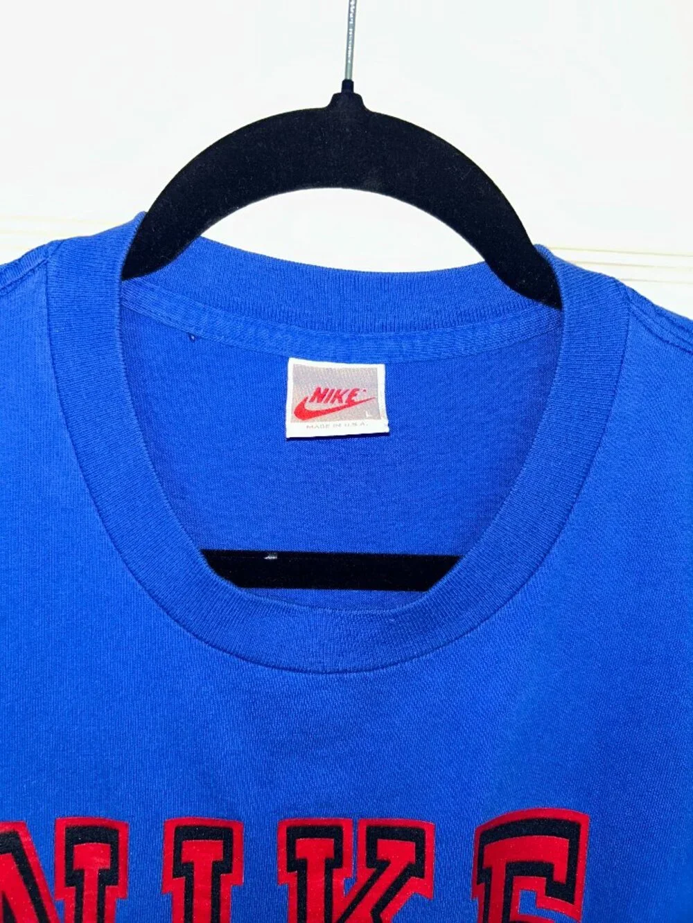 Vintage 90s Nike T Shirt Mens Large Made USA Blue Red Spellout Est 1972